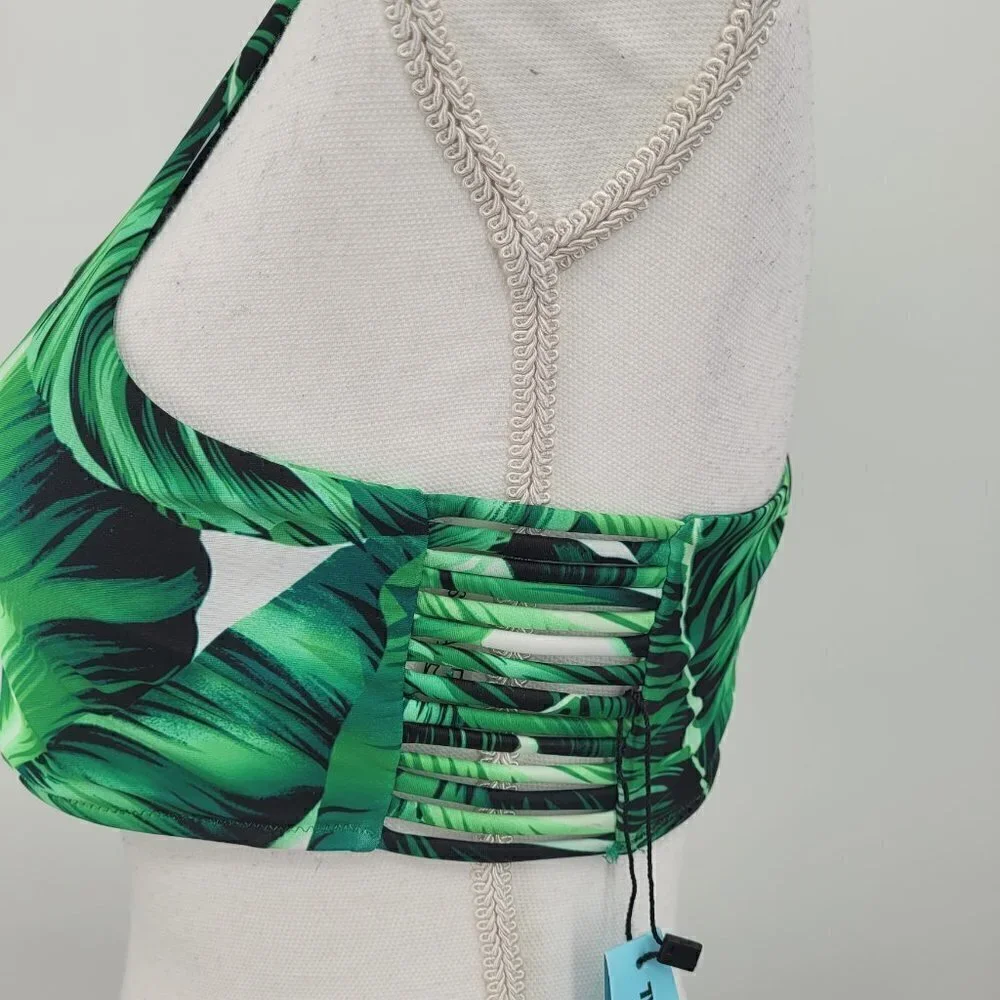 Cupsay Swim Tropical Leaf Print Racerback Bikini Top